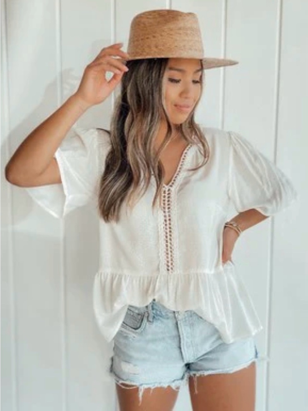 lovestitch White Crochet-Trim Peplum Blouse